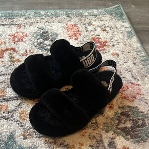 UGG Black Plush Slide Sandals with Branded Elastic Strap